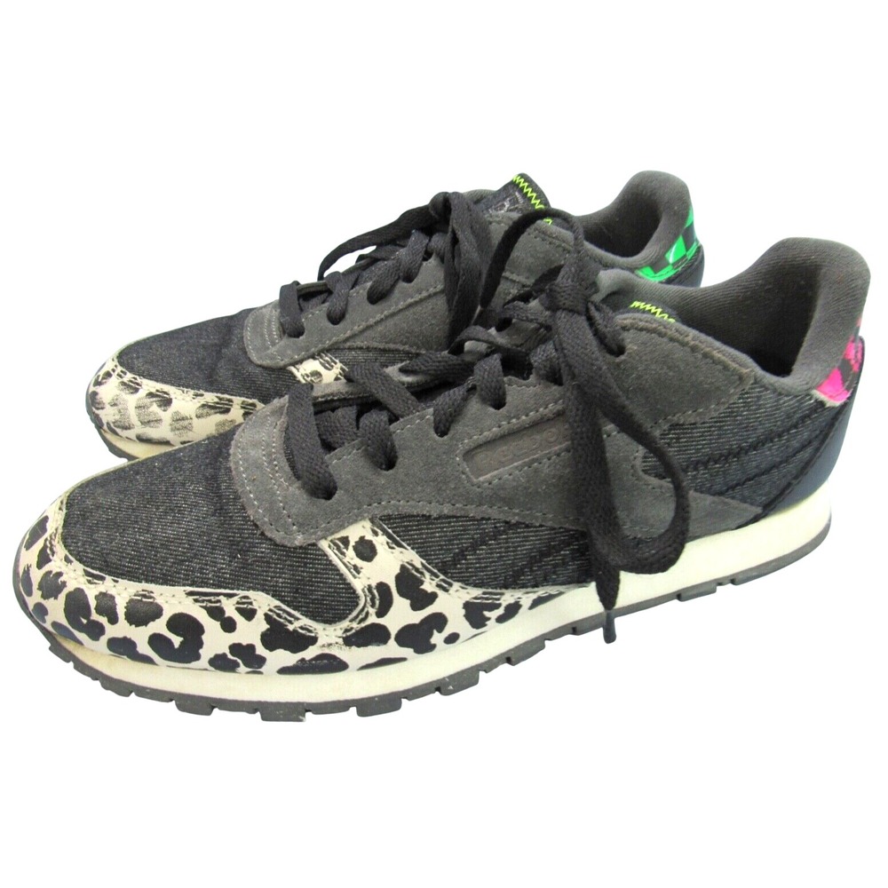 REEBOK Classic WONDER WOMEN 84 Black Denim LEOPARD PRINT Athletic Sneakers Sz 7